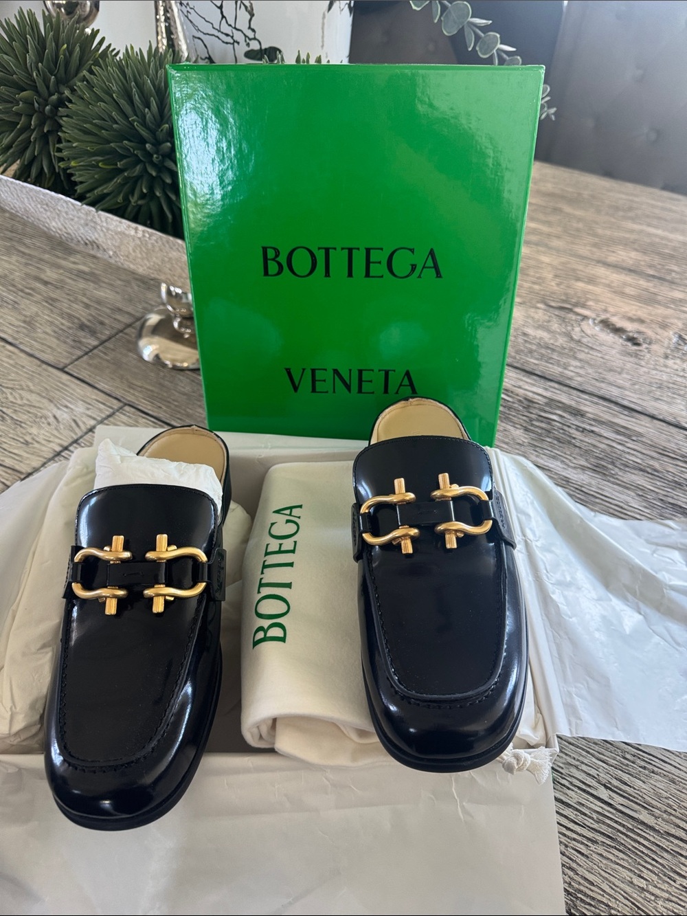 Bottega Veneta Black Patent Leather Mules with Gold Hardware
